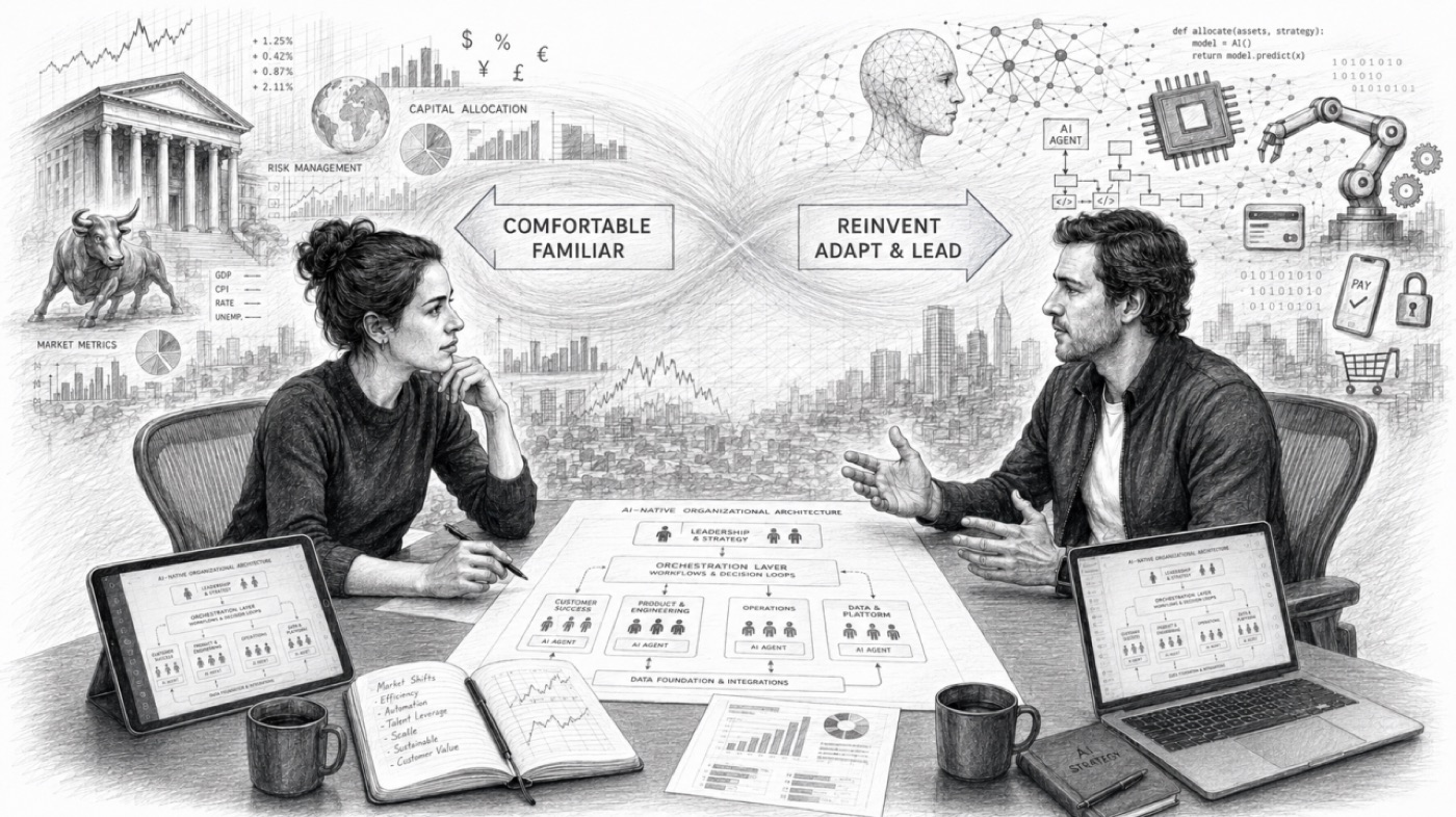 Comfortable/Familiar versus Reinvent/Adapt & Lead — dois executivos diante de uma encruzilhada estratégica.