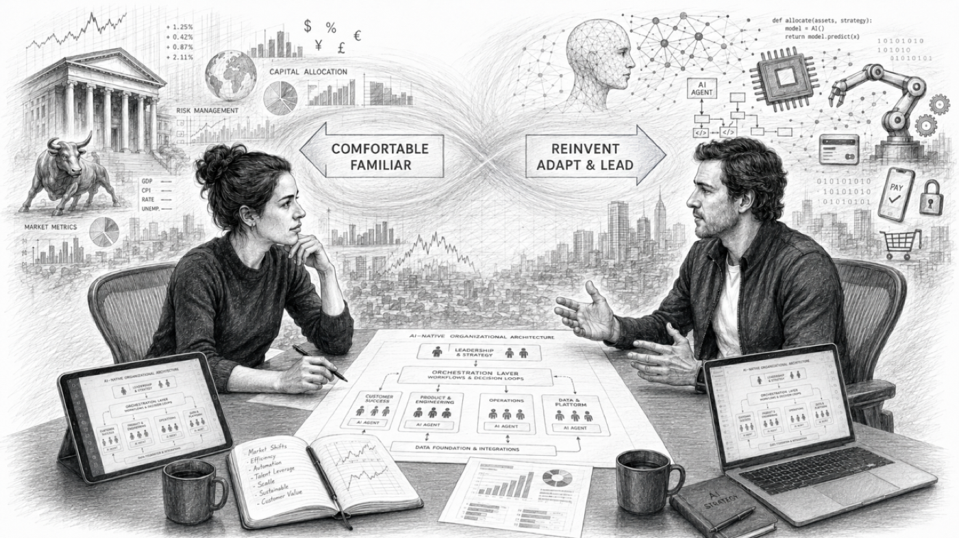 Comfortable/Familiar versus Reinvent/Adapt & Lead — dois executivos diante de uma encruzilhada estratégica.