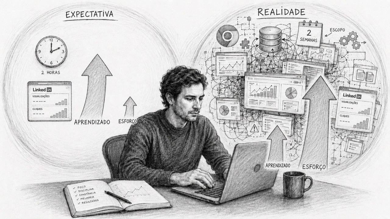 Expectativa (2 horas) versus realidade (semanas, escopo furado) de um projeto de IA.