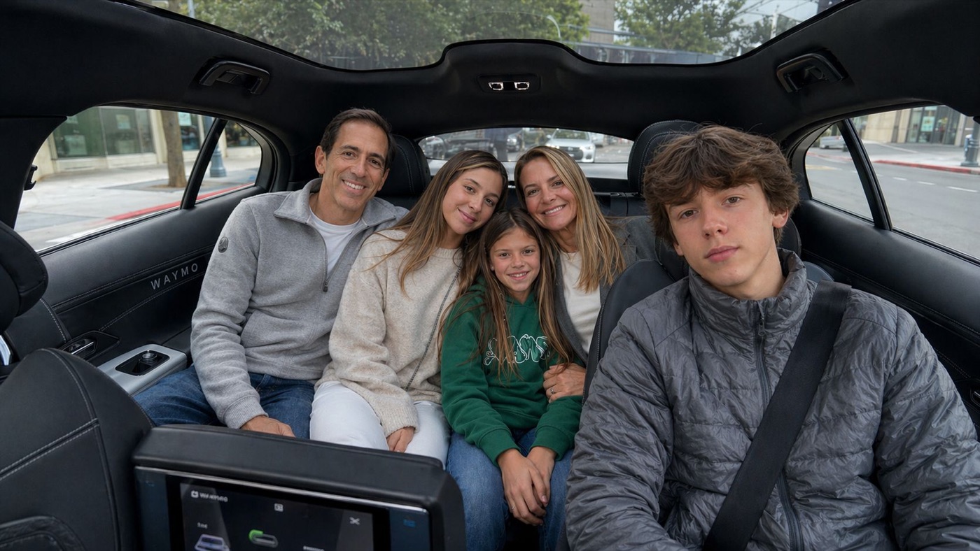 Família dentro do Waymo durante a corrida autônoma.
